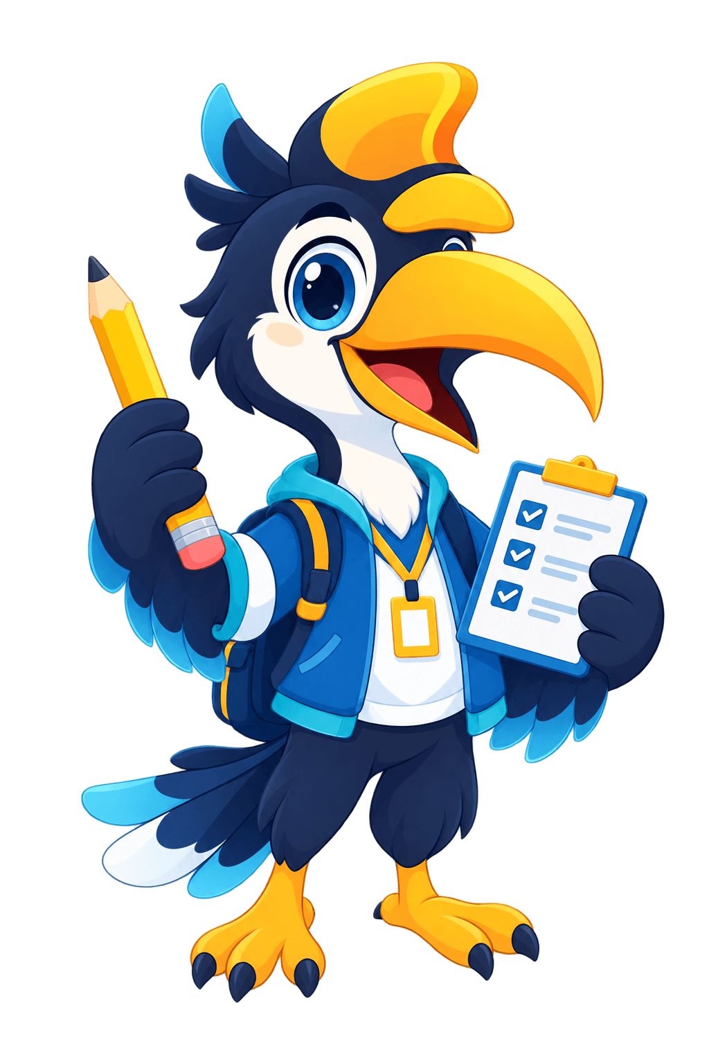 Maskot Selektiva membawa pensil dan daftar latihan